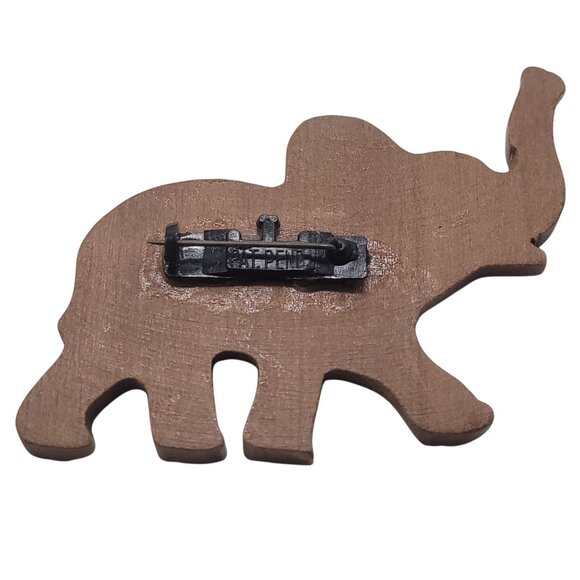 Vtg Hand-Carved Wooden Elephant Pin Brooch With Painted Details Lucky Trunk Up - Picture 4 of 9